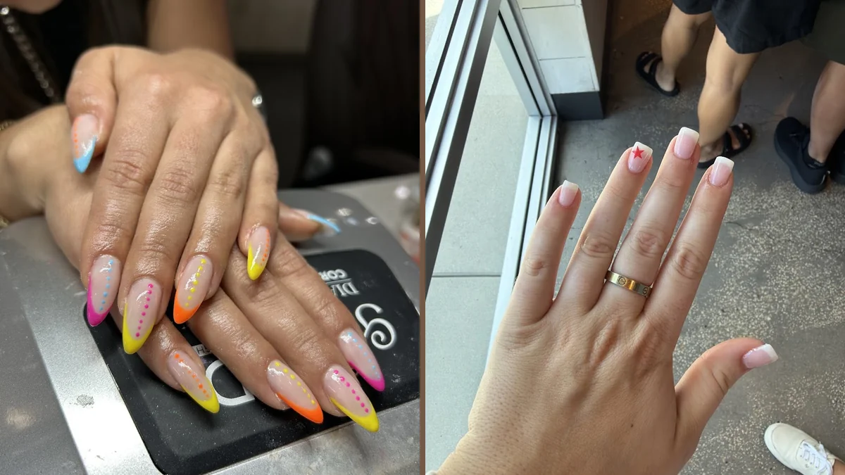 Nail technician shaping nails at a salon table.