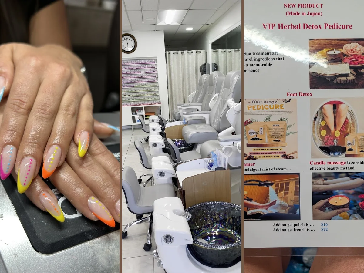 Bright salon interior with manicure stations.