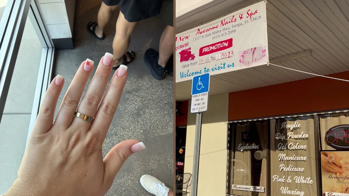 Manicured nails with glossy polish samples.