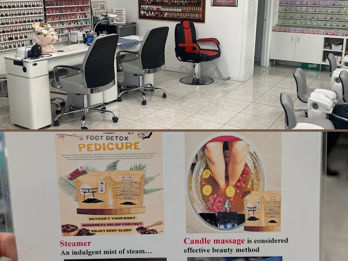 Bright salon interior with manicure stations.