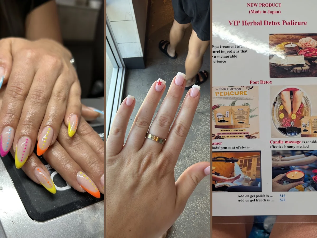 Manicured nails with glossy polish samples.