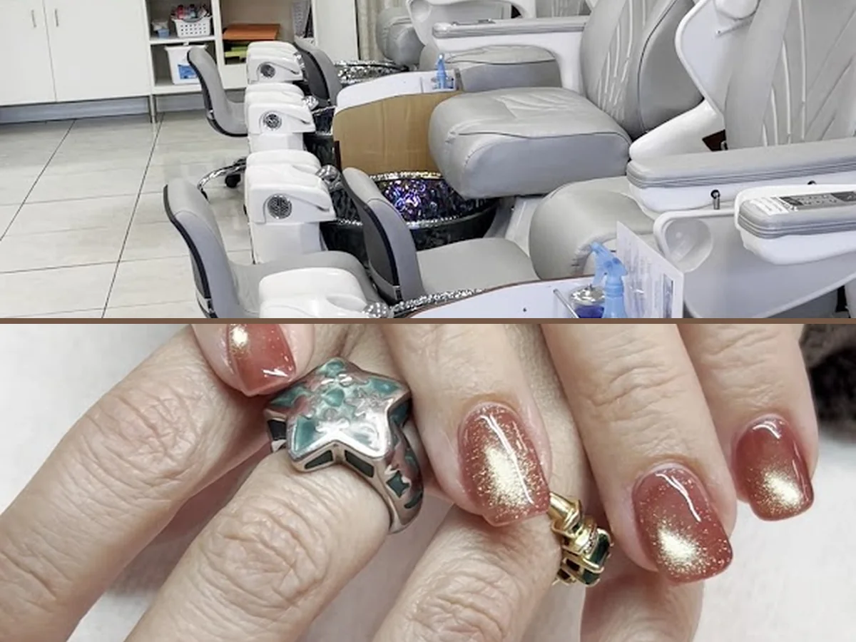 Pedicure setup with tools and polish bottles.