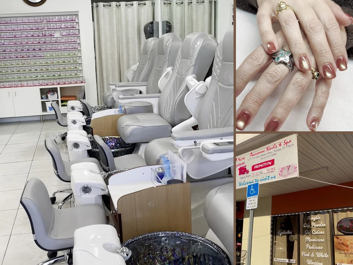 Bright salon interior with manicure stations.